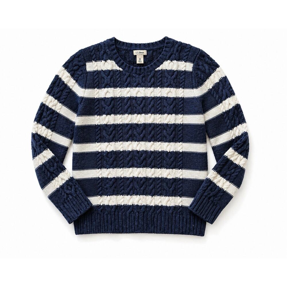 L. L. Bean Sweater Women’s Medium Blue Cream Striped Cable Knit Crewneck Preppy